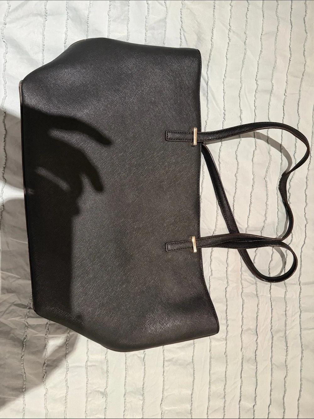 kate spade black leather tote with gold logo
